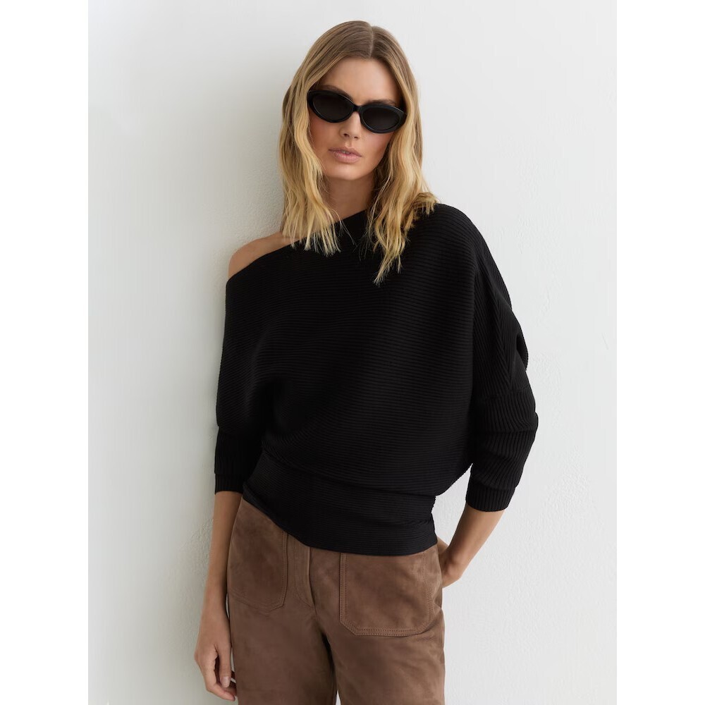 REISS Lorna Size XS Black One Shoulder Sweater Asymmetric Drape Elegant Classy